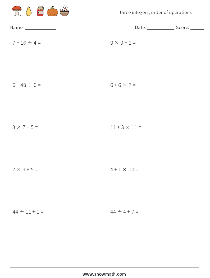 three integers, order of operations Maths Worksheets 11