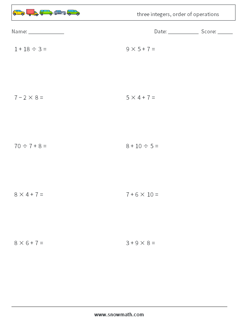 three integers, order of operations Math Worksheets 12