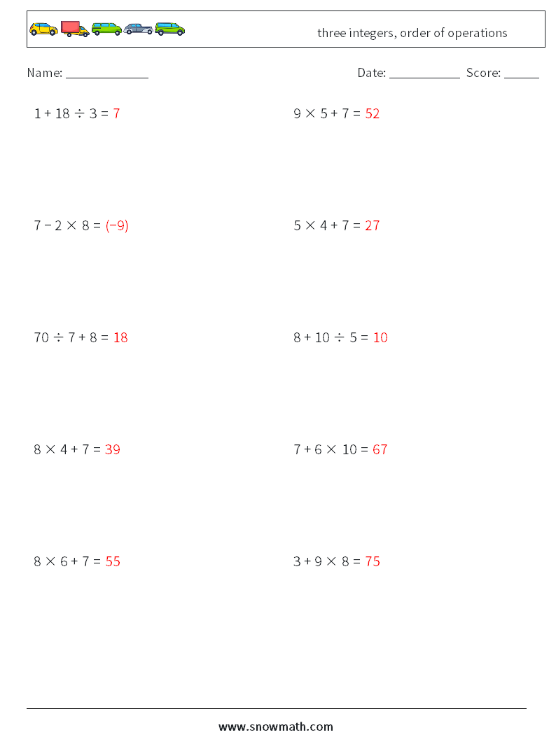 three integers, order of operations Math Worksheets 12 Question, Answer