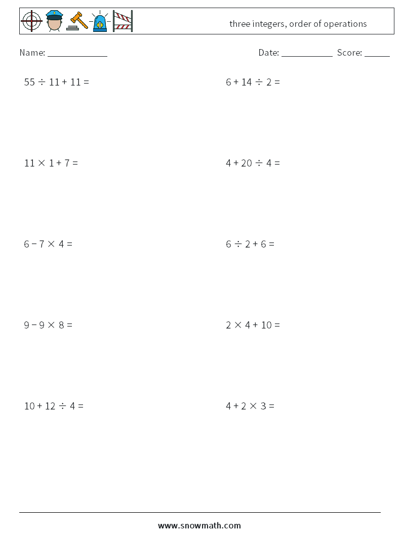 three integers, order of operations Maths Worksheets 13