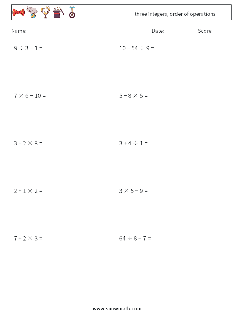 three integers, order of operations Math Worksheets 14