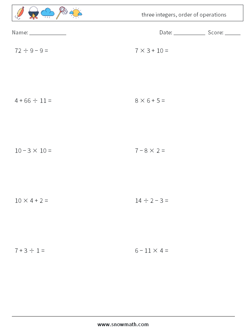 three integers, order of operations Math Worksheets 15