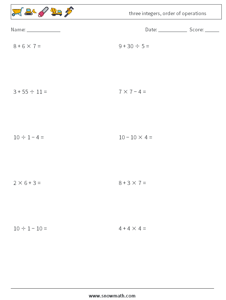 three integers, order of operations Maths Worksheets 18