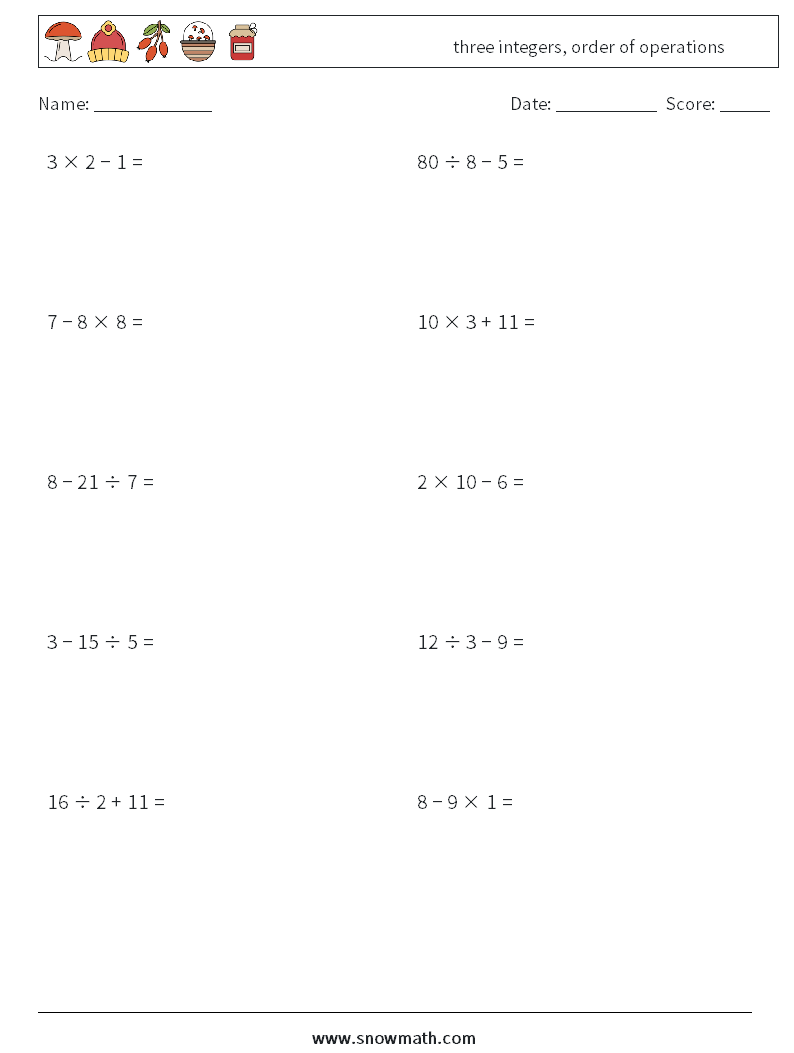 three integers, order of operations Math Worksheets 2