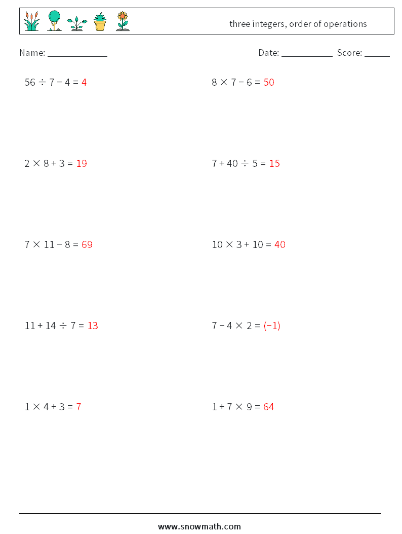 three integers, order of operations Math Worksheets 3 Question, Answer