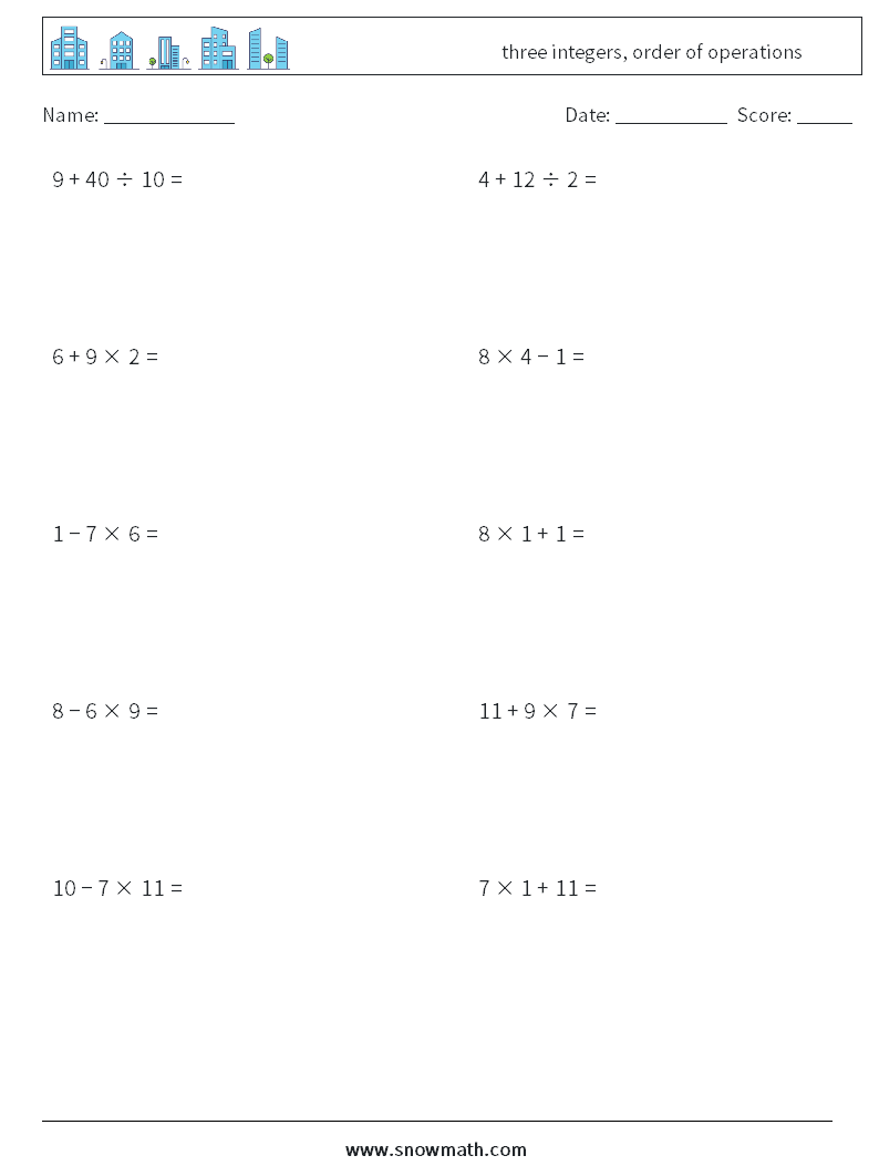 three integers, order of operations Math Worksheets 4