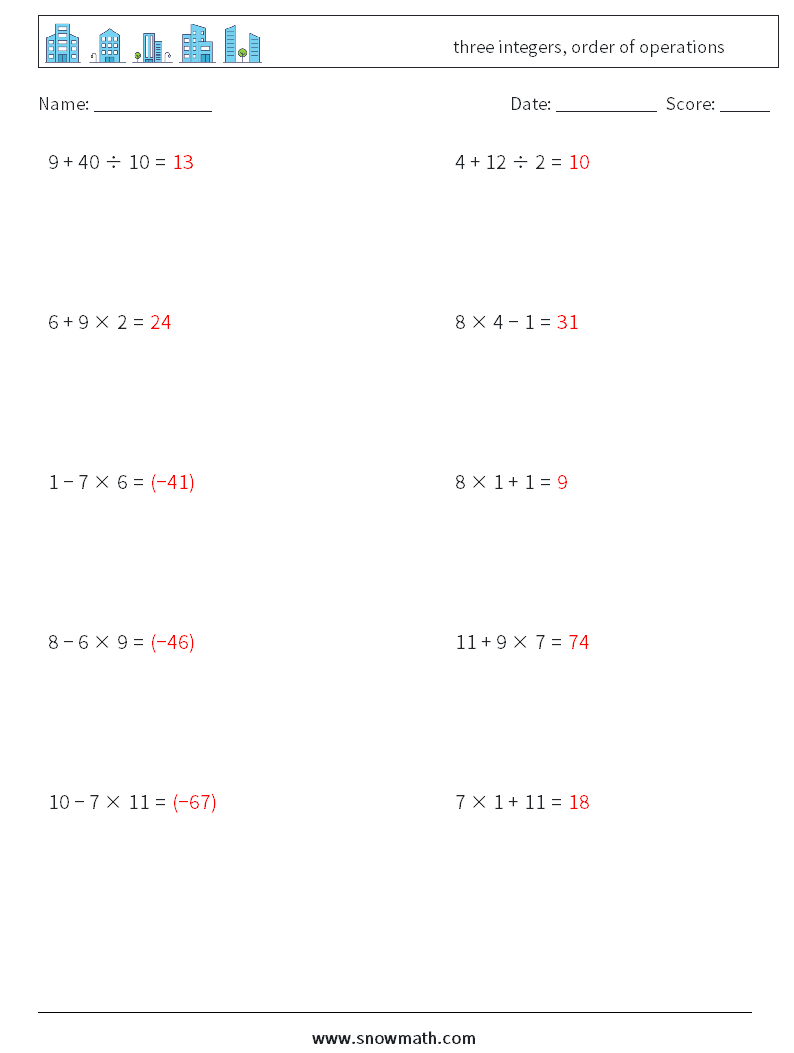 three integers, order of operations Math Worksheets 4 Question, Answer