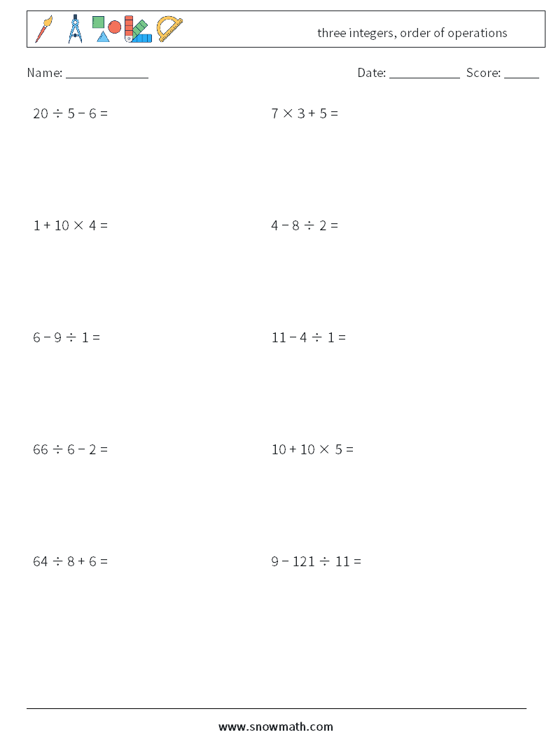 three integers, order of operations Maths Worksheets 5