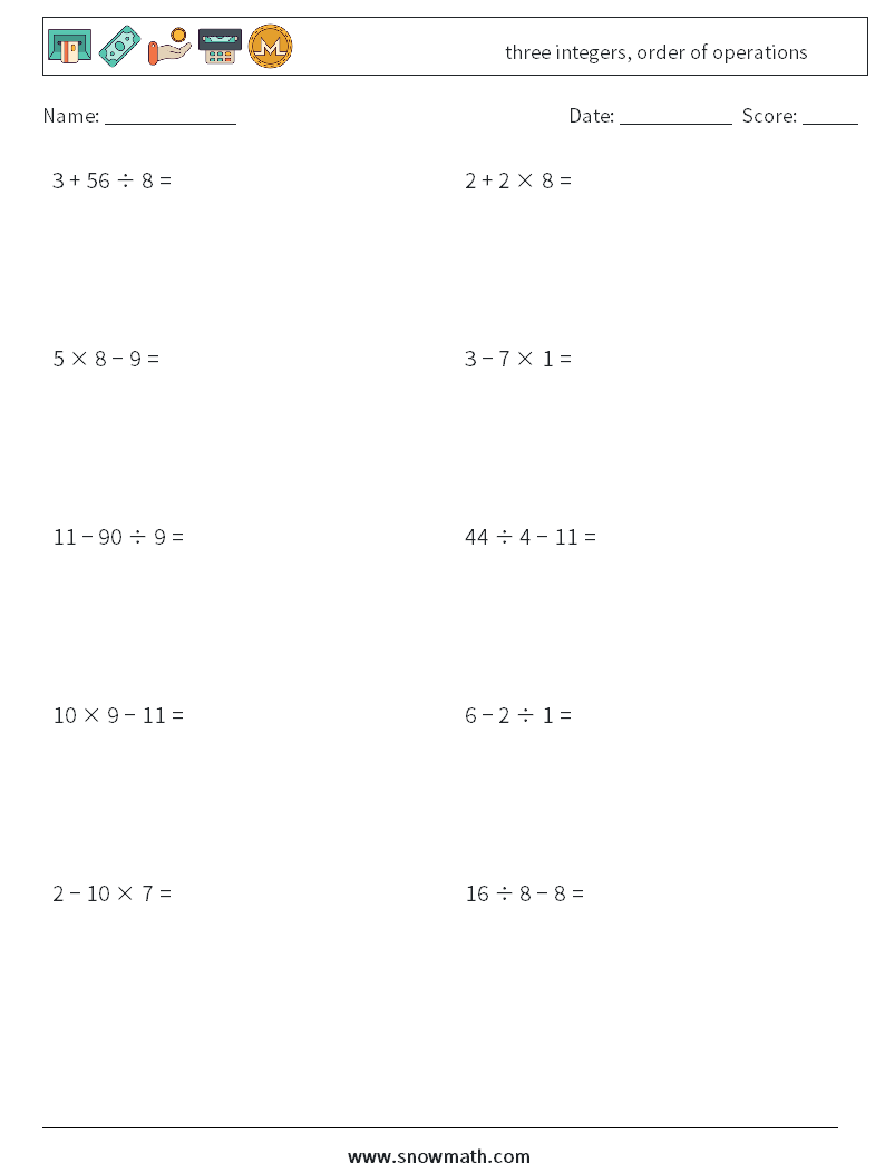 three integers, order of operations Maths Worksheets 6
