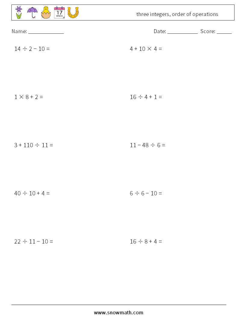 three integers, order of operations Math Worksheets 7