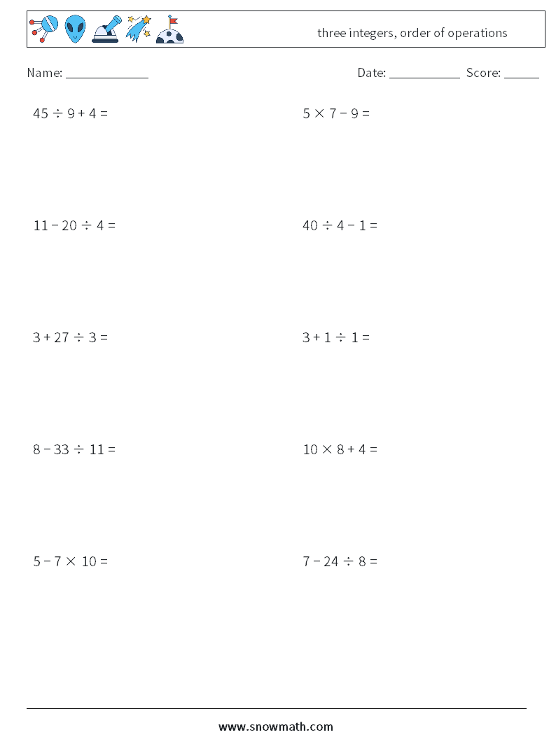 three integers, order of operations Maths Worksheets 9
