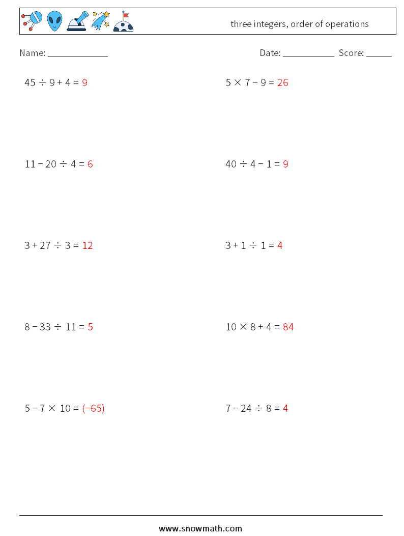 three integers, order of operations Math Worksheets 9 Question, Answer