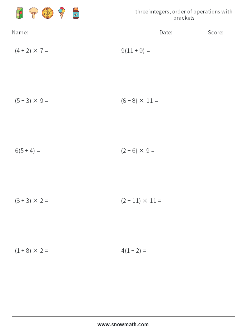 three integers, order of operations with brackets Maths Worksheets 2