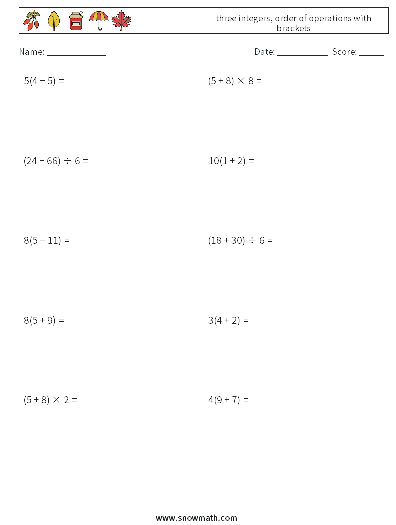 three integers, order of operations with brackets Maths Worksheets 3