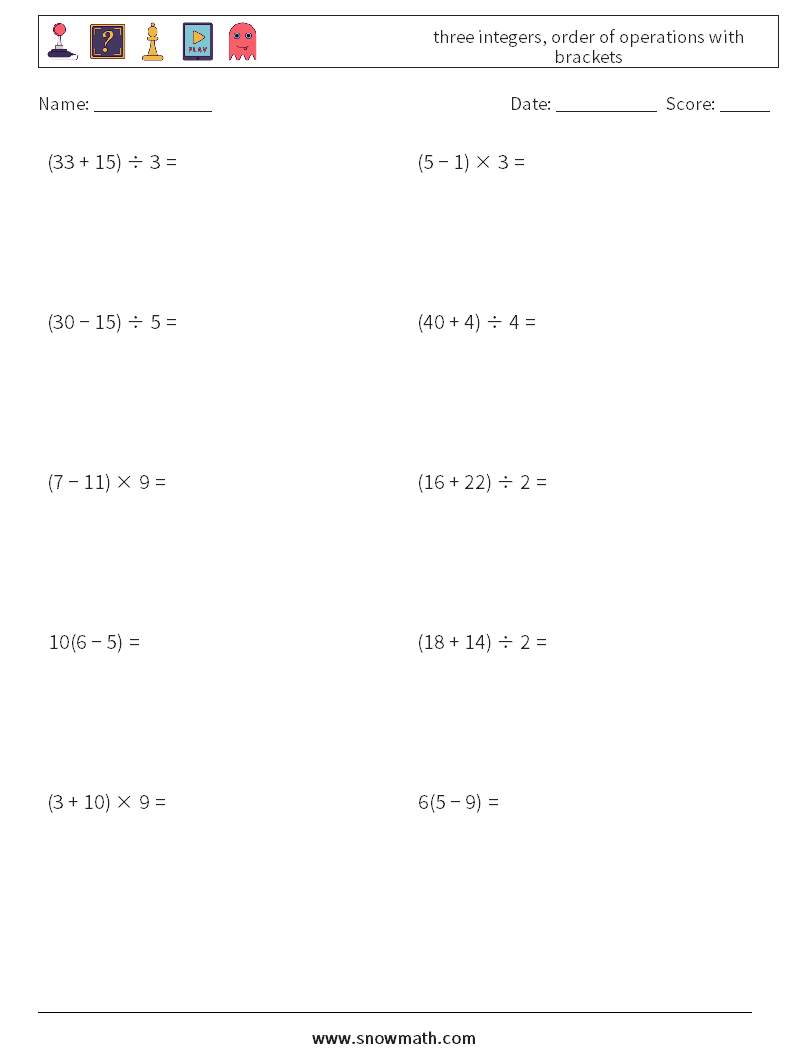 Three Integers Order Of Operations With Brackets Math Worksheets Math 