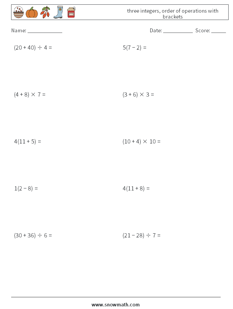 three integers, order of operations with brackets Math Worksheets 7