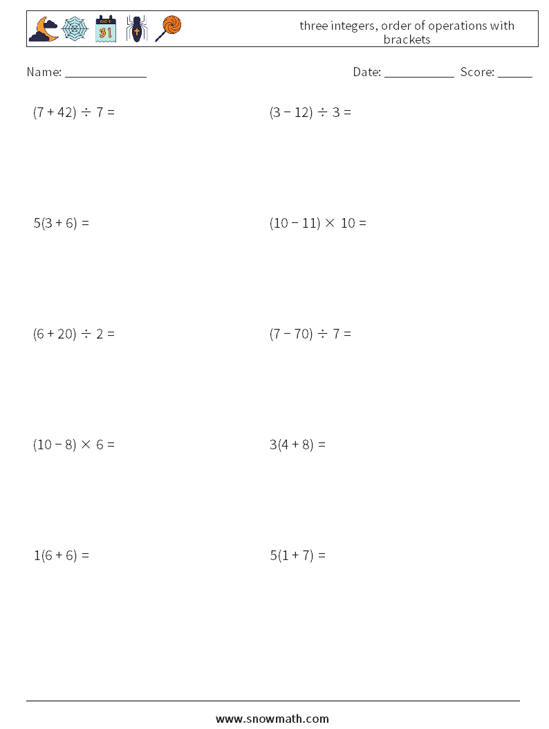 three integers, order of operations with brackets Math Worksheets 9