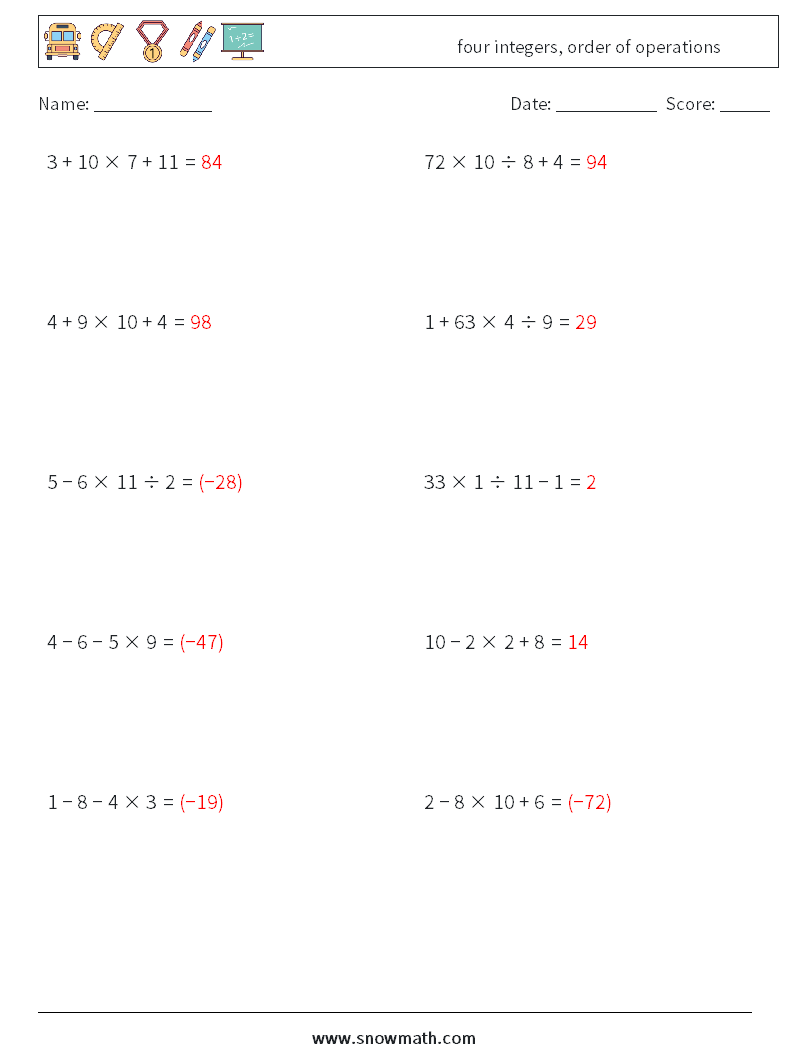 four integers, order of operations Math Worksheets 11 Question, Answer
