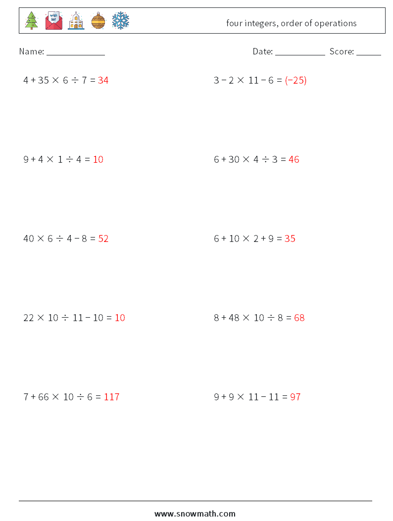 four integers, order of operations Math Worksheets 12 Question, Answer