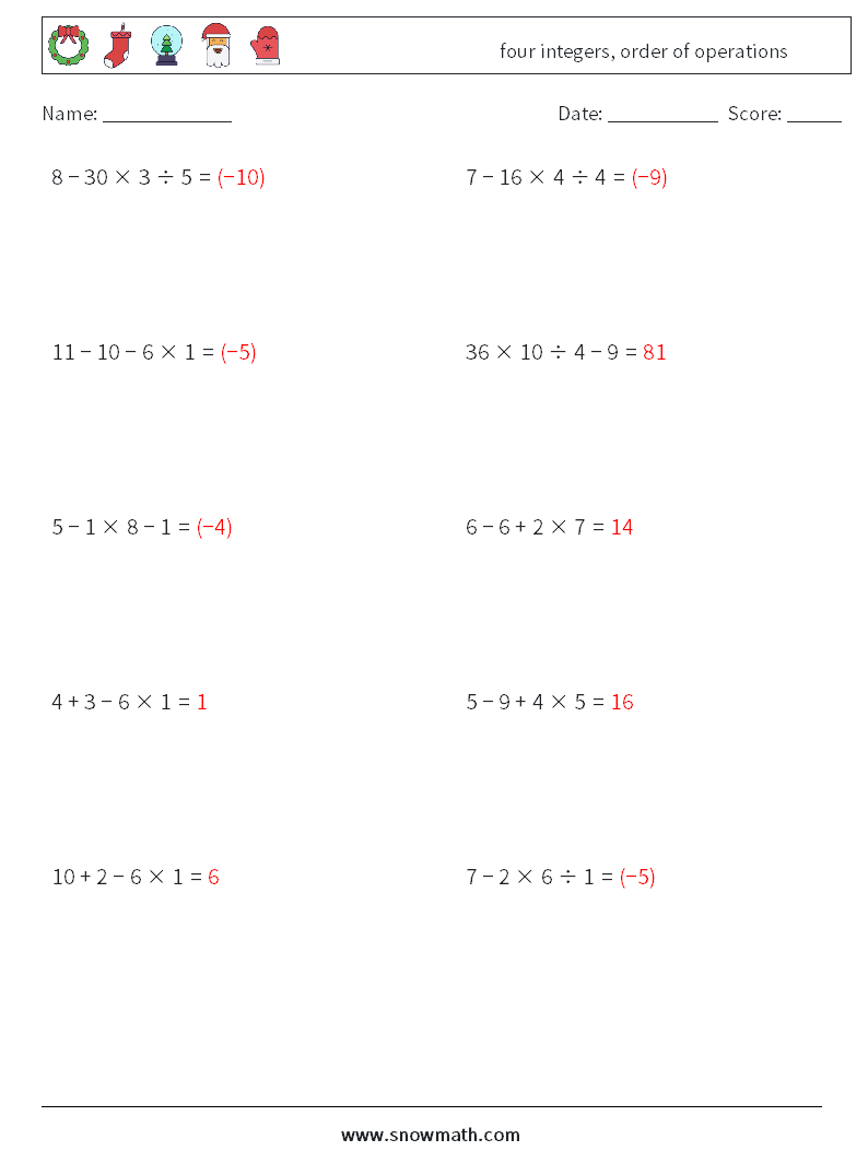 four integers, order of operations Math Worksheets 13 Question, Answer