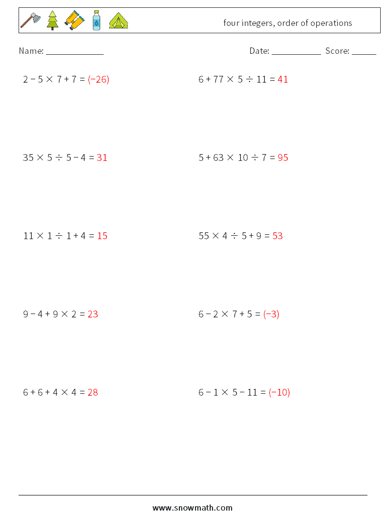 four integers, order of operations Math Worksheets 14 Question, Answer