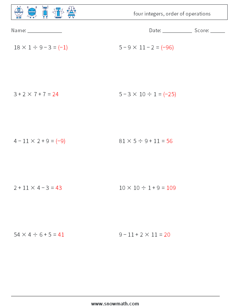 four integers, order of operations Math Worksheets 15 Question, Answer
