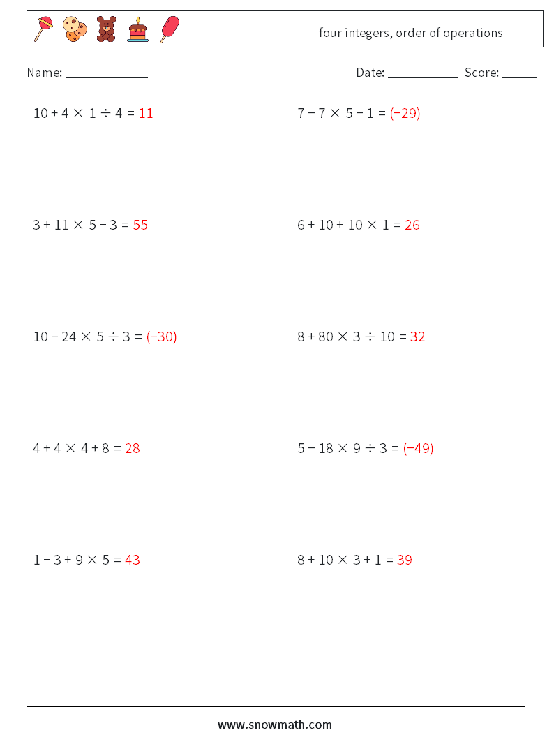 four integers, order of operations Math Worksheets 16 Question, Answer