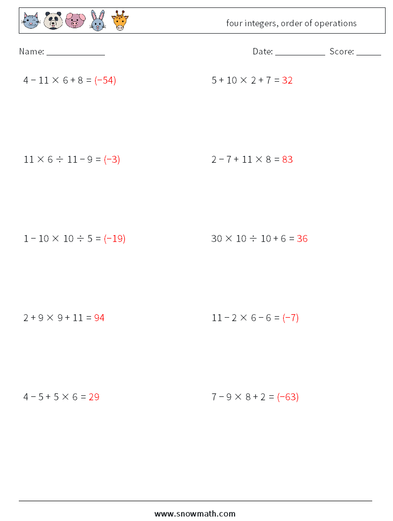 four integers, order of operations Math Worksheets 18 Question, Answer