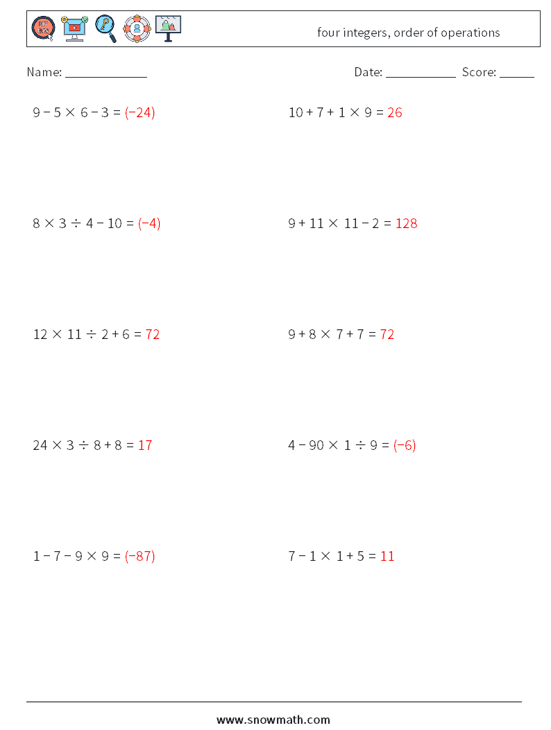 four integers, order of operations Math Worksheets 1 Question, Answer