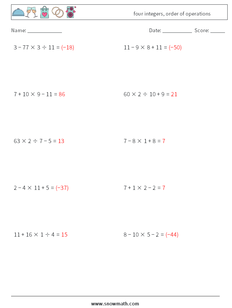 four integers, order of operations Math Worksheets 2 Question, Answer