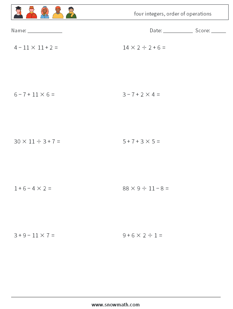 four integers, order of operations Maths Worksheets 3
