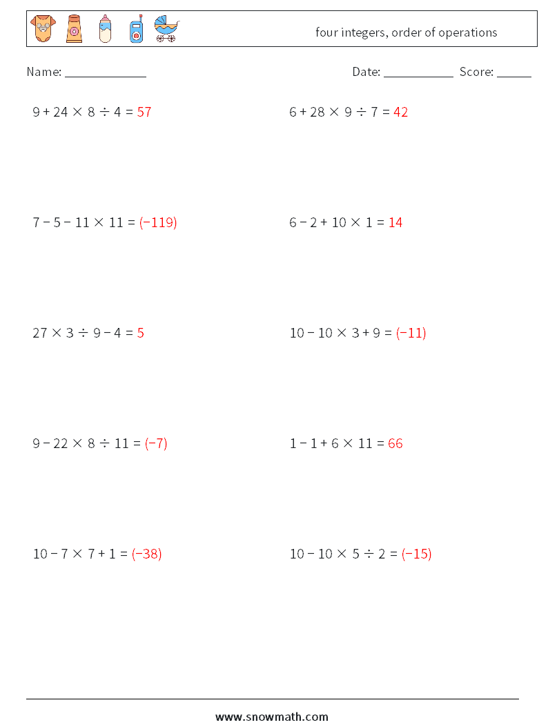 four integers, order of operations Math Worksheets 4 Question, Answer