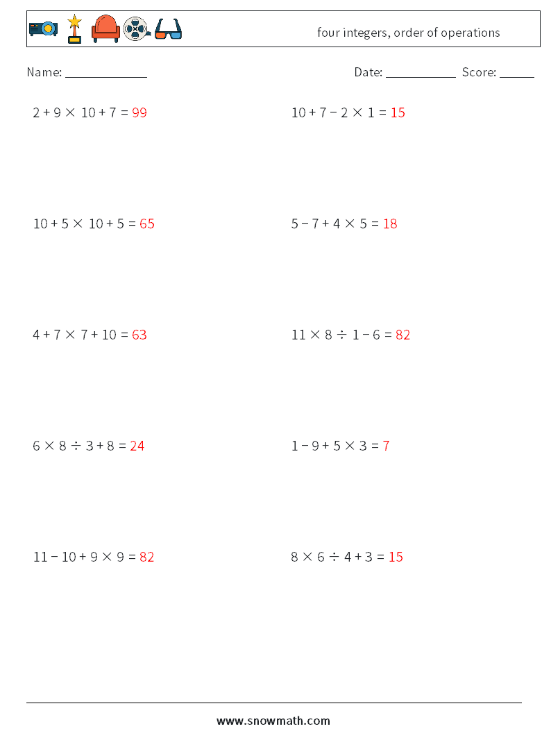 four integers, order of operations Math Worksheets 5 Question, Answer