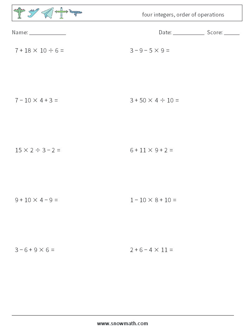 four integers, order of operations Maths Worksheets 7