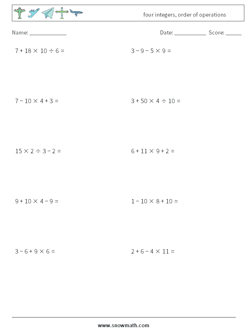 Four Integers Order Of Operations Math Worksheets 7Math Worksheets