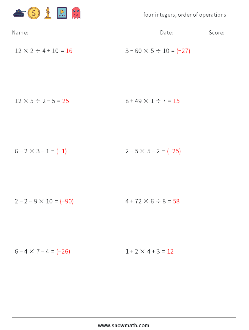 four integers, order of operations Math Worksheets 9 Question, Answer