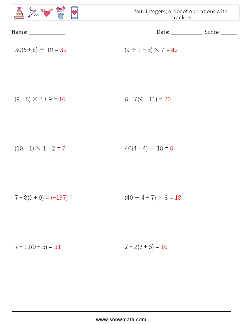 four integers, order of operations with brackets Math Worksheets 13 Question, Answer