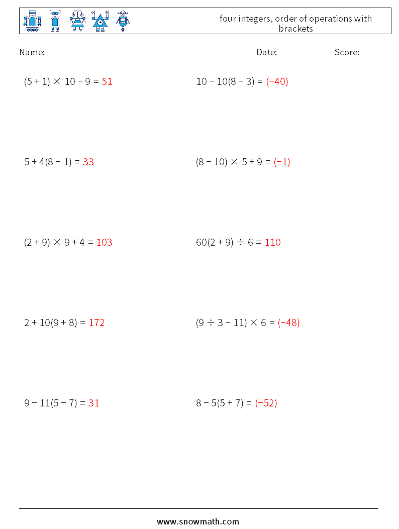 four integers, order of operations with brackets Math Worksheets 14 Question, Answer