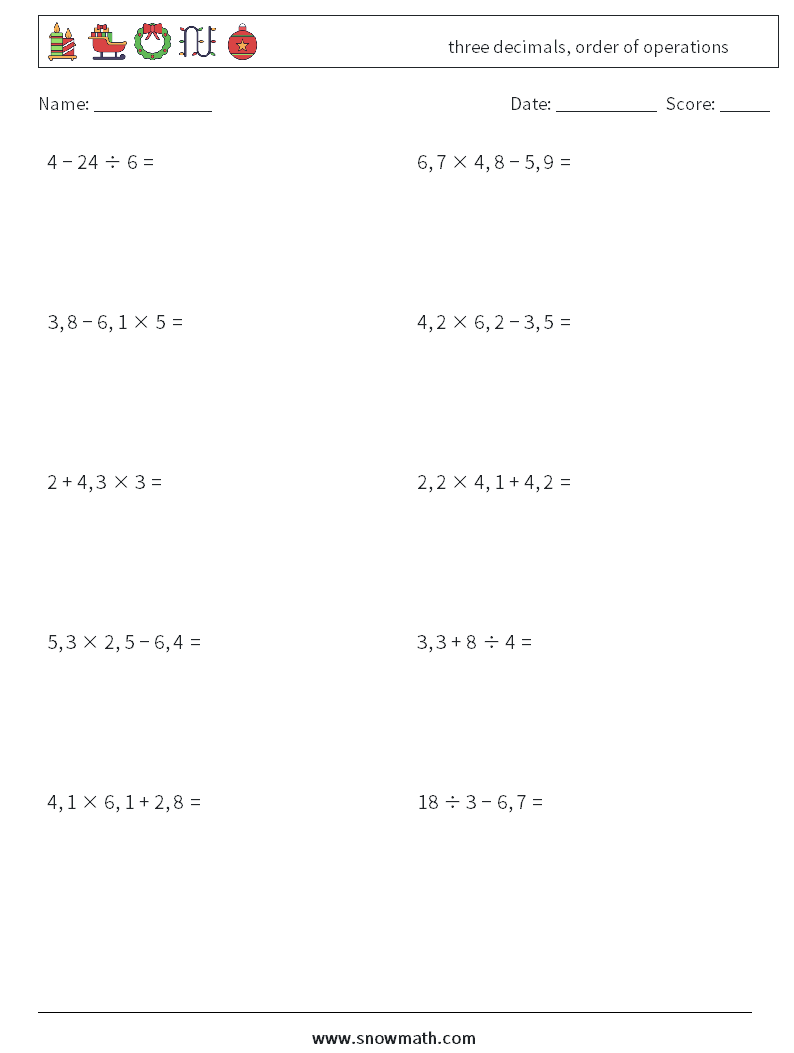 three decimals, order of operations Math Worksheets 10