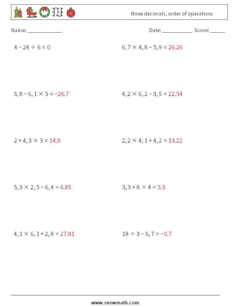 three decimals, order of operations Math Worksheets 10 Question, Answer