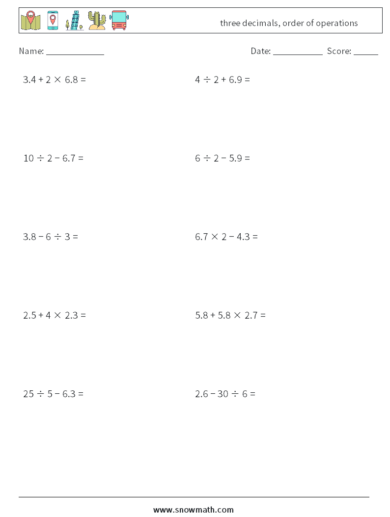 three decimals, order of operations Maths Worksheets 11