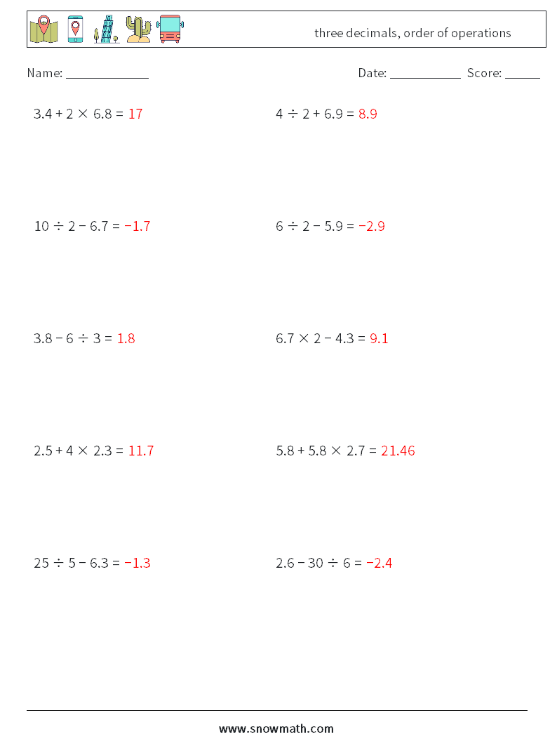 three decimals, order of operations Math Worksheets 11 Question, Answer