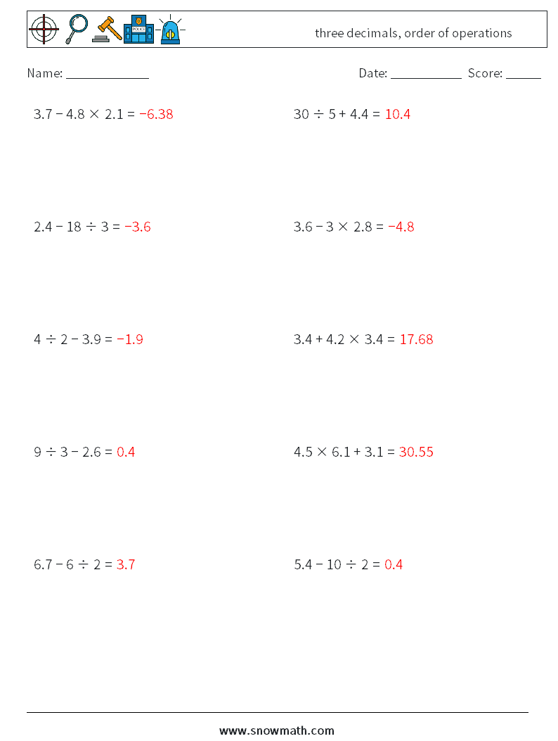 three decimals, order of operations Math Worksheets 12 Question, Answer