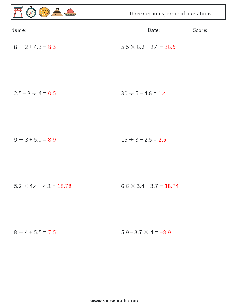 three decimals, order of operations Math Worksheets 13 Question, Answer