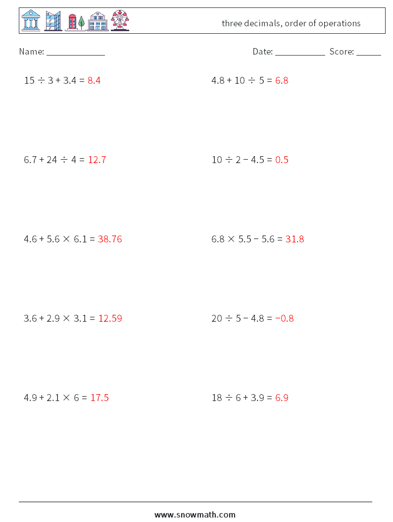 three decimals, order of operations Math Worksheets 14 Question, Answer