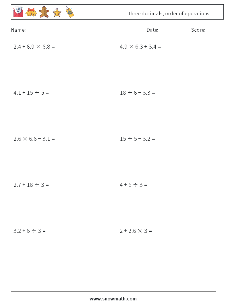 three decimals, order of operations Maths Worksheets 16