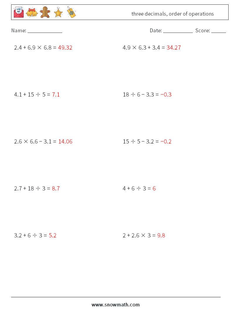 three decimals, order of operations Math Worksheets 16 Question, Answer