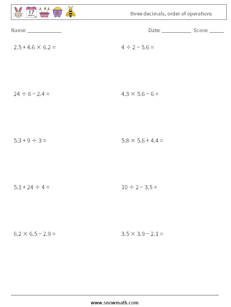 three decimals, order of operations Maths Worksheets 17