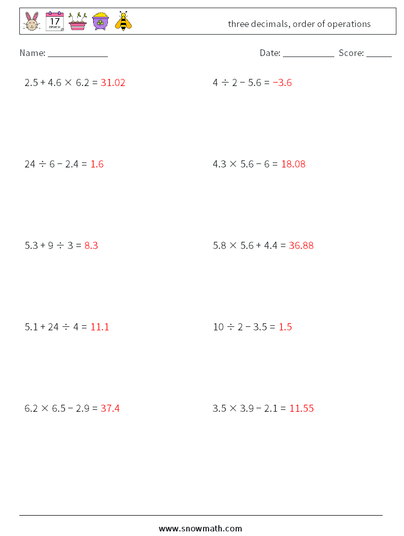 three decimals, order of operations Math Worksheets 17 Question, Answer