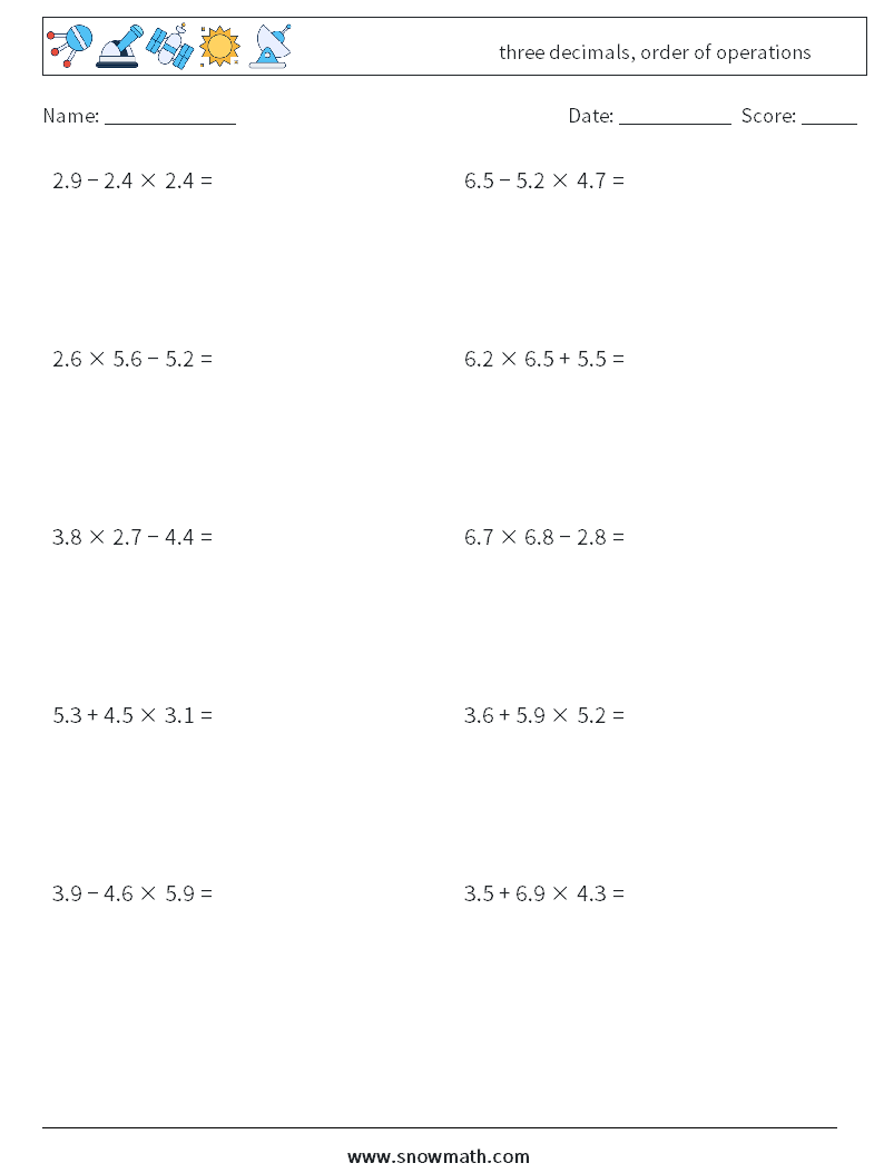 three decimals, order of operations Maths Worksheets 18